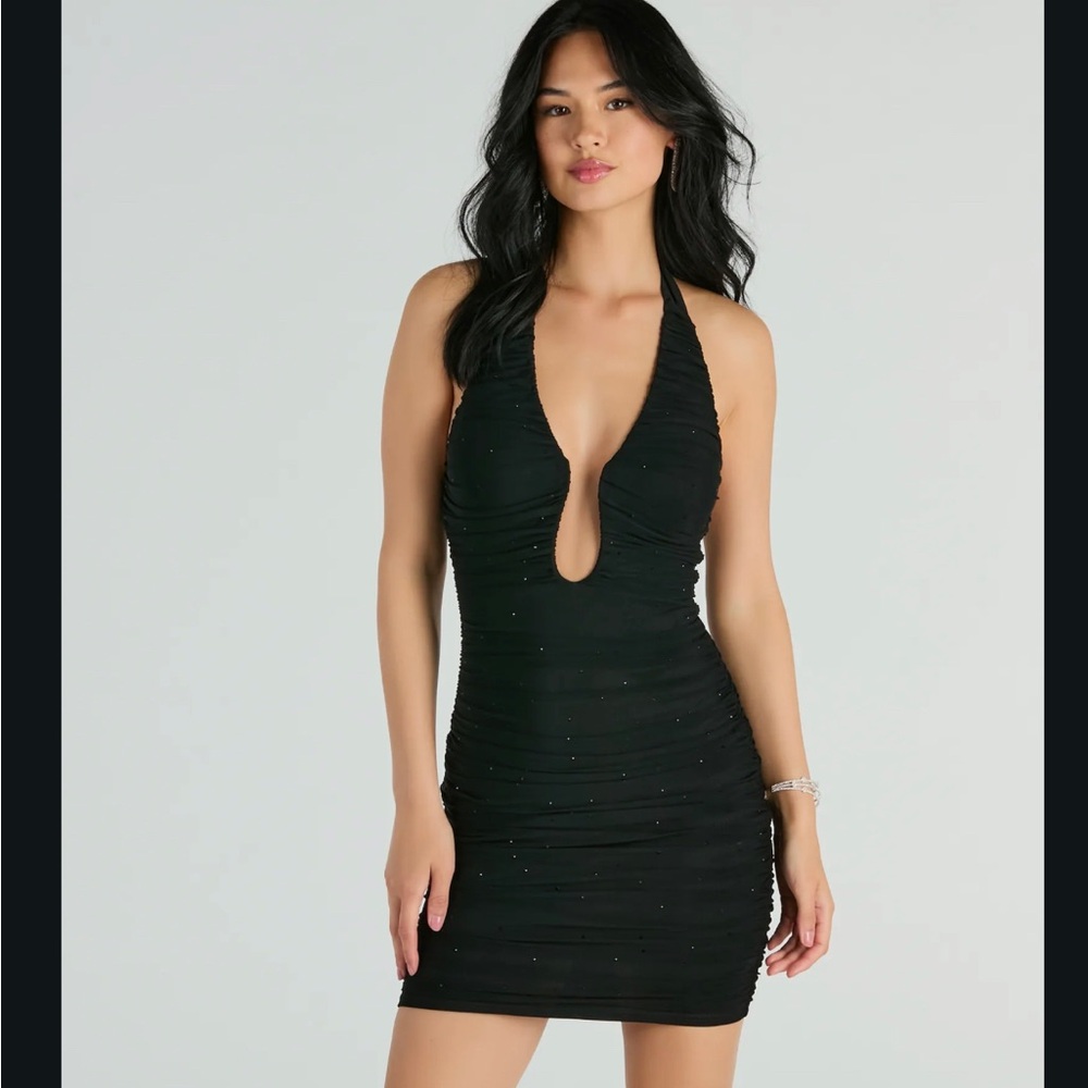 Black plunge halter short dress